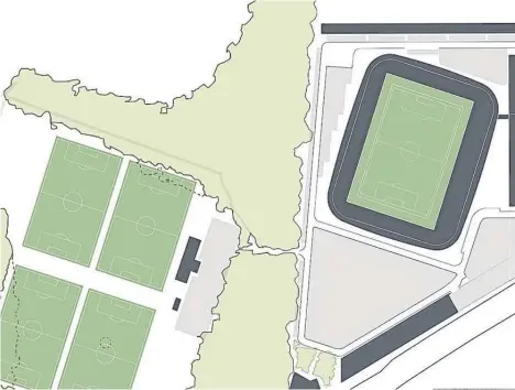  ??  ?? Drawings showing the proposed stadium, with the pitches inside the park boundary to the left. Inset below: The new site.