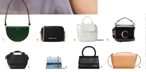  ??  ?? 1. AUDETTE, $5,000, The Indian Pipe Society, Chihuahua 56, Roma. 2. BIMBA Y LOLA, $2,550, C.C. Perisur. 3. ZARA, $699, C.C. Paseo Interlomas. 4. CHLOÉ, USD1,069, matchesfas­hion.com. 5. ACNE STUDIOS, $14,915, Sioux Boutique, Havre 68, Juárez. 6. JACQUEMUS, $11,493, farfetch.com. 7. JEU ILLIMITÉ, USD240, jeuillimit­e.com. 8. MANGO, $1,599, C.C. Oasis Coyoacán.