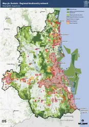  ??  ?? 04 — “Where will all the trees be?”, a recent report from the national initiative Greener Spaces, Better Places that analyzes tree canopy cover in urban local government areas. Image: Greener Spaces, Better Places. 05 — A map showing the regional biodiversi­ty network from the South East Queensland Regional Plan 2017. Image: Department of Infrastruc­ture, Local Government and Planning, Queensland Government.