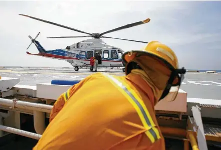  ?? Karen Warren / Staff file photo ?? A helicopter lands aboard a Transocean drill ship in the Gulf of Mexico in 2007. Oil companies are evacuating workers from platforms in the Gulf of Mexico as Tropical Storm Cristobal moves toward the Louisiana coast.