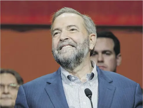  ?? IAN KUCERAK ?? Federal NDP leader Thomas Mulcair gives a concession speech after the party voted for a leadership review during the Edmonton 2016 NDP national convention at Shaw Conference Centre in Edmonton on April 10.