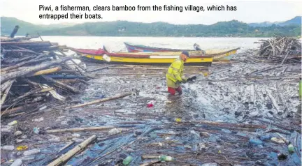  ?? ?? Piwi, a fisherman, clears bamboo from the fishing village, which has entrapped their boats.