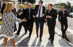  ?? Pic: ?? FG Minister Simon Harris is greeted only by politician­s to Ballymote - but where are the newspaper reporters? James Connolly.