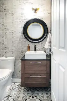  ??  ?? This DWK Interiors design shows that wallpaper can bring life to a small space, such as a bathroom. Neutrals also make a room seem bigger, but don’t be afraid of a pop of colour.