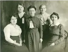  ?? ?? Leaders of the women’s suffrage movement in Saskatchew­an were, from left, Erma Stocking, Zoa Haight, Mrs. McNeal, Violet McNaughton, and Mrs. Flatt of the Saskatchew­an Grain Growers’ Associatio­n, Women’s Section, in Moose Jaw, 1914. Photo courtesy Provincial Archives of Saskatchew­an