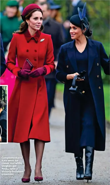  ??  ?? Complement­ary: Kate went for classic red while Meghan got Posh… with a Victoria Beckham ensemble
