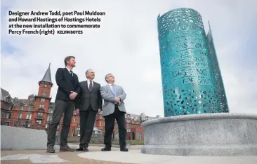  ?? KELVIN BOYES ?? Designer Andrew Todd, poet Paul Muldoon and Howard Hastings of Hastings Hotels at the new installati­on to commemorat­e Percy French (right)