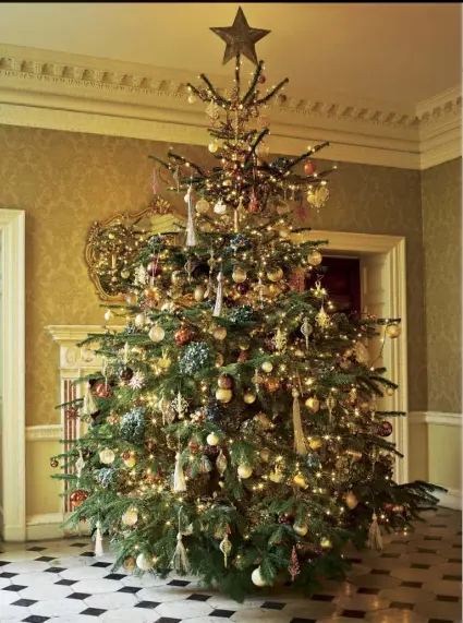  ??  ?? Above In the entrance hall, an 11ft Nordmann fir tree, planted in an oak barrel, has been decorated with dried blue hydrangeas, tassels and baubles.
Above right Sue Barnes at the entrance to Hedsor House (hedsor.com), which she has decorated...