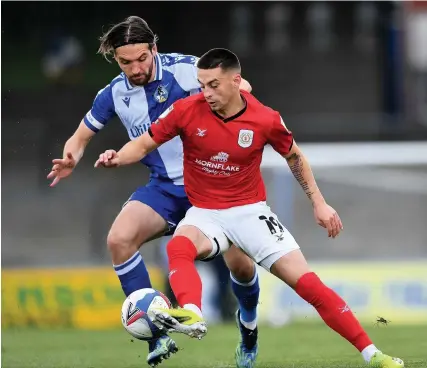  ?? Picture: Ryan Hiscott/JMP ?? Luke Leahy, left, in action for Bristol Rovers against Crewe