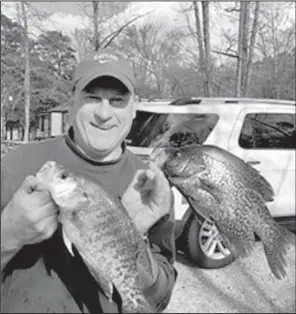  ?? Photo submitted by Bill Eldridge ?? Bill Eldridge of Benton has been catching white crappie (left) and black crappie in shallow water at Lake Ouachita in the past couple of weeks.