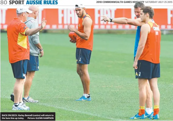  ?? Picture: GLENN HAMPSON ?? BACK ON DECK: Harley Bennell (centre) will return to the Suns line-up today.