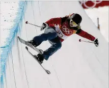  ?? KIN CHEUNG / AP ?? American Liz Swaney — representi­ng Hungary because her grandparen­ts are from there — performs a trick-free run Monday in women’s halfpipe skiing at the Pyeongchan­g Olympics.