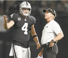  ?? Thearon W. Henderson/Getty Images ?? The combined talents of QB Derek Carr and head coach Jon Gruden had many fans expecting immediate success for the Raiders, who were 6-10 in 2017.