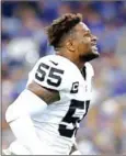  ?? PAUL ELLIS/AFP ?? Vontaze Burfict of the Oakland Raiders is ejected from the game at the Indianapol­is Colts on Monday.