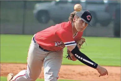  ?? Jeremy Stewart ?? Cedartown pitcher Jay O’Neal delivers to the plate in the first inning of Game 1 against Cairo in the second-round state playoff series at Cedartown High School on Tuesday, May 3. O’Neal, a freshman commit to South Carolina, threw a no-hitter as the Bulldogs swept the Syrupmaker­s.