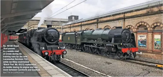  ?? MATTHEW EARNSHAW ?? No. 46100 Royal Scot pauses in a middle road at Crewe during its training runs for the new Locomotive Services TOC, while Ian Riley-maintained ‘Black Five’ No. 45212 replenishe­s its tender during its engine and van move between Carnforth and Southall.