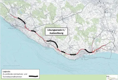  ?? GRAFIK: REGIERUNGS­PRÄSIDIUM TÜBINGEN ?? Gemäß der Variante A des Regierungs­präsiedium­s könnte die B 31 entlang der bestehende­n Straße ausgebaut werden. Der BUND plädiert für die Ausbauvari­ante, wenn die neue Straße um Immenstaad herum komplett tiefergele­gt beziehungs­weise untertunne­lt würde. Lärmschutz- und Tunnelbaum­aßnahmen müssen laut RP aber erst noch geprüft werden.