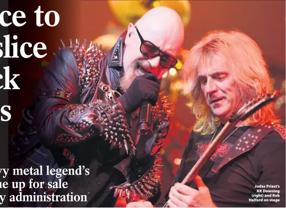  ??  ?? > Judas Priest’s KK Downing (right) and Rob Halford on stage