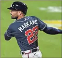  ?? AP-AP — Terrance Williams, file ?? Nick Markakis watches his double during the second inning of the a game against the Orioles last season in Baltimore. The 37-year-old Markakis announced his retirement Friday, ending a 15-year major league career