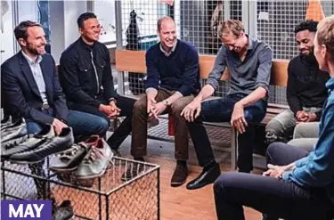  ??  ?? Who’s going to kick it off? England’s manager Gareth Southgate (far left) and footballin­g royalty join the Duke for a discussion about men’s mental health MAY