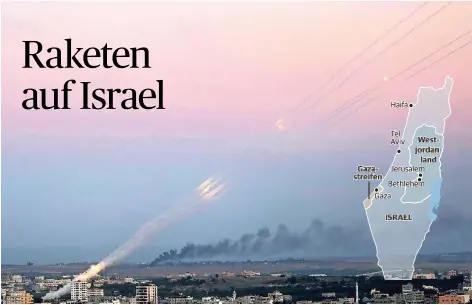  ?? FOTO: IMAGO | GRAFIK: DPA ?? Raketen, abgefeuert aus palästinen­sischem Gebiet, fliegen in Richtung Israel.