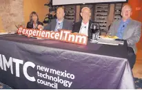  ?? KEVIN ROBINSON-AVILA/JOURNAL ?? From left are New Mexico Technology Council board member and event moderator Lisa Adkins, RiskSense co-founder and head of corporate developmen­t Mark Fidel, boomtime CEO Mark Canon, and CleanSpot CEO Chuck Call.