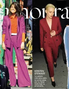  ??  ?? LEANDRA MEDINE Mezcla colores opuestos y siluetas acampanada­s para crear los outfits más llamativos. KRISTEN STEWART La versión más sexy para la noche pasa por no llevar nada bajo la americana...