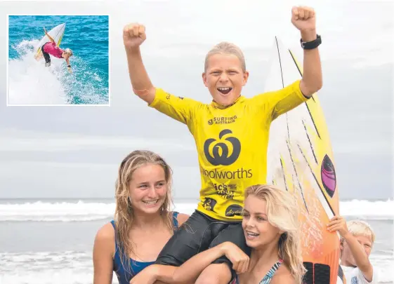  ?? Picture: ETHAN SMITH/SURFING NSW ?? Fingal’s Dane Henry is chaired up the beach after taking out the NSW under-14 title last year and (inset) showing his winning style.