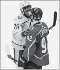  ?? Associated Press photo ?? Nashville Predators defenceman P.K. Subban (76) and Colorado Avalanche left wing Gabriel Landeskog (92) talk following the Predators 5-0 serieswinn­ing victory over the Avalanche in Game 6 of an NHL hockey first-round playoff series, Sunday in Denver.