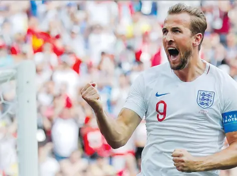  ?? THE ASSOCIATED PRESS ?? England’s Harry Kane celebrates one of his three goals in Sunday’s 6-1 rout over Panama at the World Cup in Russia.