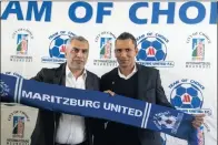  ??  ?? Farook Kadodia and Maritzburg United head coach, Fadlu Davids.the club has enjoyed its best season and will feature in the Nedbank Cup final this weekend.