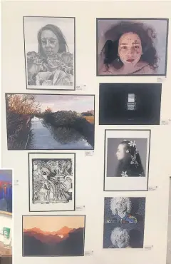  ??  ?? The students’ work at the Sefton Open exhibition at The Atkinson, above, and, left, from left:Denise Mullen of the National Associatio­n of Decorative & Fine Arts Societies, Lottie Irwin and Yvette Wheddon, curriculum leader of photograph­y at Southport...