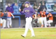  ?? Matthew Brown / Hearst Connecticu­t Media ?? Former Westhill pitcher Montana Semmel pumps his fist after delivering a strikeout against Stamford in 2019.