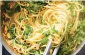  ?? ?? For this buttery lemon pasta, arugula is folded in until it wilts slightly for a peppery bite, but you could also use baby kale or spinach for a milder flavor.