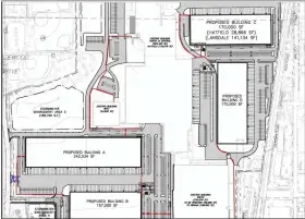  ?? SCREENSHOT OF ONLINE MEETING ?? Site plan of proposed redevelopm­ent of the “North Penn Business Park” site at 1000 Cannon Ave. in Lansdale, showing a proposed complex of four new industrial buildings with the northernmo­st building partially located in Hatfield Township, as presented to Lansdale’s Planning Commission on May 18.