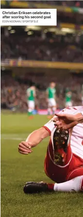  ?? EOIN NOONAN / SPORTSFILE ?? Christian Eriksen celebrates after scoring his second goal