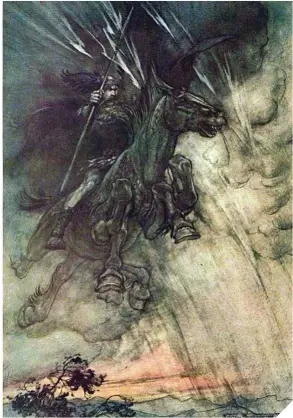  ??  ?? Arriba a la izquierda, ilustració­n de 1886 de Odín por Georg von Rosen. A su derecha, el mismo Odín por Arthur Rackham para la ópera Las valquirias, de Richard Wagner.