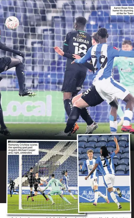  ??  ?? Romoney Crichlow scores the opening goal past Argyle’s Michael Cooper and, right, celebrates
Aaron Rowe fires home his stunning
strike for Town