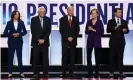  ??  ?? Kamala Harris, Bernie Sanders, Joe Biden, Elizabeth Warren and Pete Buttigieg. Photograph: Saul Loeb/AFP via Getty