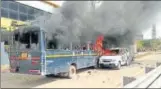  ?? HT ?? Police vehicles set ablaze in Rajasthan on Sunday by protesters demanding five percent quota for Gujjars.Who are the Gujjars?