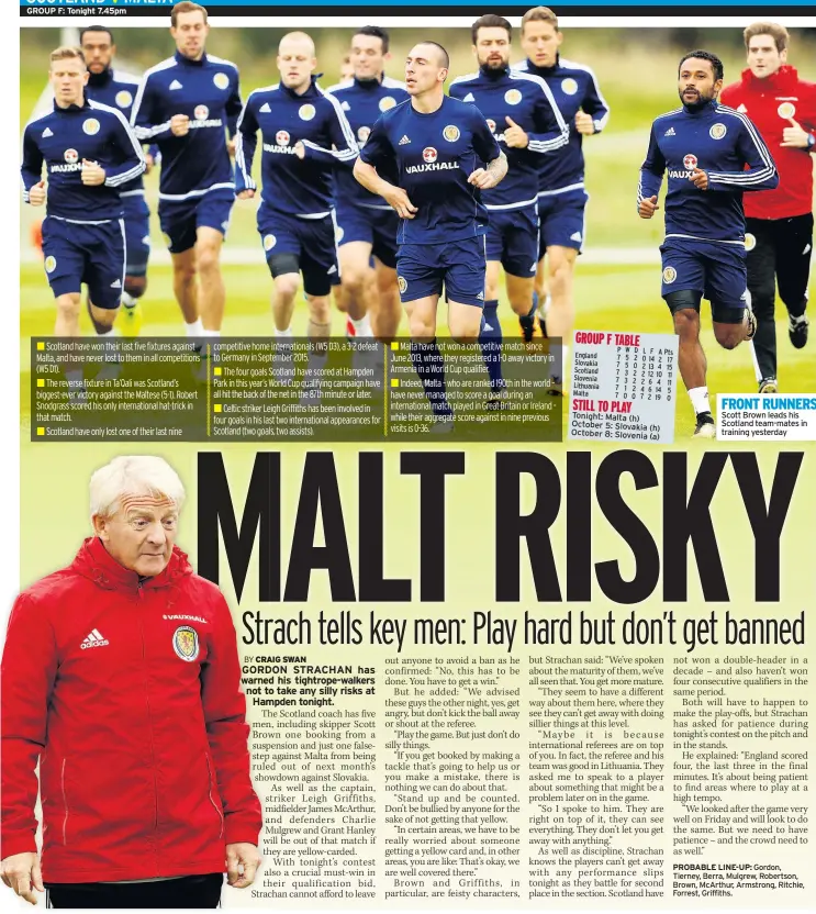  ??  ?? FRONT RUNNERS Scott Brown leads his Scotland team-mates in training yesterday