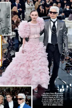 ??  ?? Lily-Rose Depp est devenue l’égérie de la maison de haute couture Chanel en 2015. On la voit ici avec Karl Lagerfeld en janvier 2017 lors du défilé haute couture printemps-été 2017 de la célèbre maison.