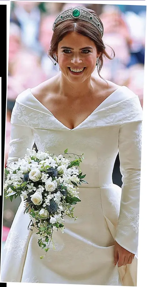  ??  ?? Something borrowed: Princess Eugenie arrives for the wedding in the Greville Emerald Kokoshnik tiara lent to her by the Queen and a fairytale dress by British designer Peter Pilotto