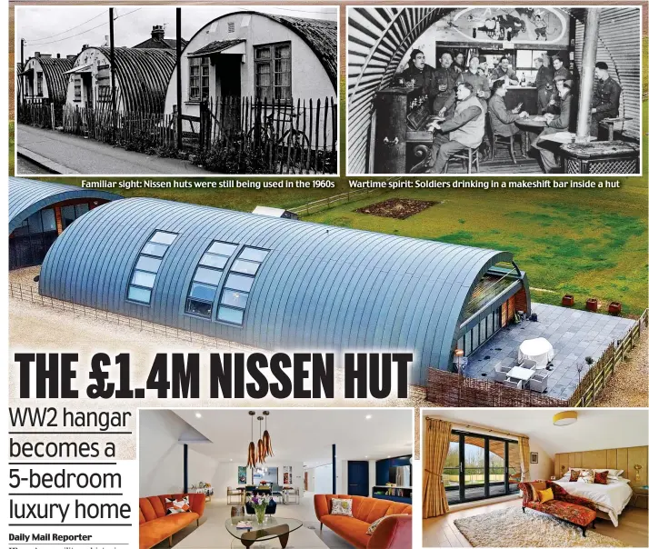  ??  ?? Familiar sight: Nissen huts were still being used in the 1960s
Wartime spirit: Soldiers drinking in a makeshift bar inside a hut
Light and spacious: The converted hangar’s open-plan living room
Room with a view: One of the ground floor bedrooms