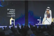  ?? (Satish Kumar/Reuters) ?? UAE ENERGY MINISTER Suhail bin Mohammed al-Mazroui speaks during the opening ceremony for the 24th World Energy Congress in Abu Dhabi, this week.