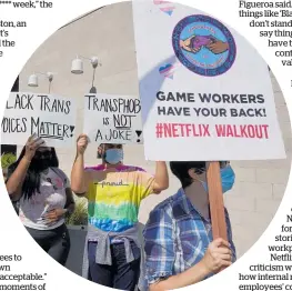  ?? Photos / AP ?? Protesters outside Netflix in Hollywood yesterday after Dave Chappelle's (right) special and its anti-trans comments.