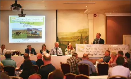  ??  ?? Minister for Agricultur­e, Michael Creed TD addressing the Irish Natura and Hill Farmers Associatio­n (INHFA) AGM in the Sligo Southern Hotel.