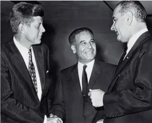  ?? Courtesy ERIC SAUND ?? CREATING HISTORY Congressma­n Dalip Singh Saund (centre) with senators John F. Kennedy (left) and Lyndon B. Johnson in 1958. Saund, a California farmer, mathematic­ian, and judge from Imperial County, made history in 1957 by becoming the first Asian Congressma­n.