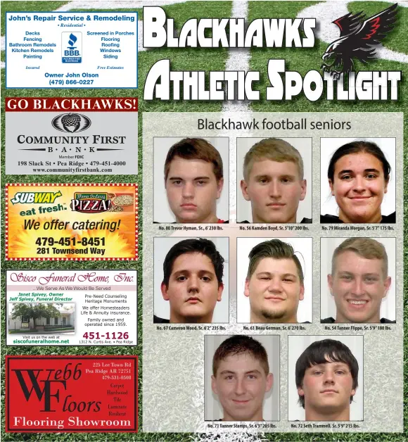  ??  ?? No. 80 Trevor Hyman, Sr., 6’ 230 lbs. No. 67 Cameron Wood, Sr. 6’2” 235 lbs. No. 56 Kamden Boyd, Sr. 5’10” 200 lbs. No. 61 Beau German, Sr. 6’ 270 lbs. No. 71 Tanner Stamps, Sr. 6’3” 205 lbs. No. 79 Miranda Morgan, Sr. 5’7” 175 lbs. No. 54 Tanner...