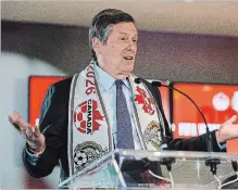  ?? CHRISTOPHE­R KATSAROV THE CANADIAN PRESS ?? Toronto Mayor John Tory discusses the successful joint North American bid by Canada, the U.S. and Mexico to host the 2026 World Cup at a news conference.